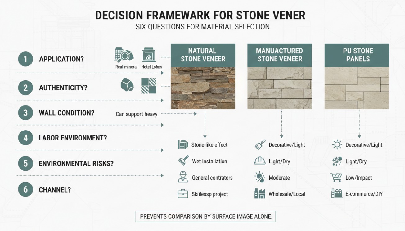 Decision framework comparing natural stone veneer, manufactured stone veneer and PU stone panels